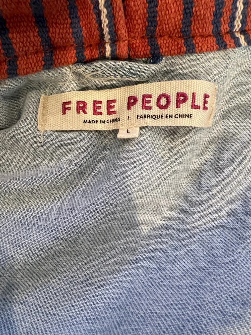Free People Baja Hooded Light Wash Denim Jacket with Rust Orange Striped Hood - Picture 4 of 5